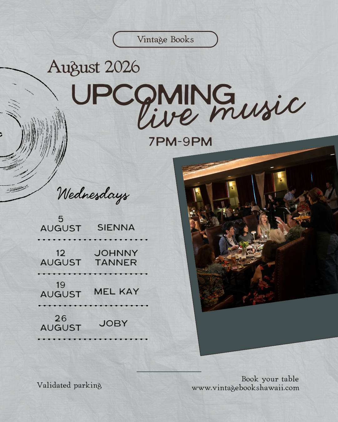 Upcoming Live Music — August 2026, Wednesdays 7–9 PM flyer