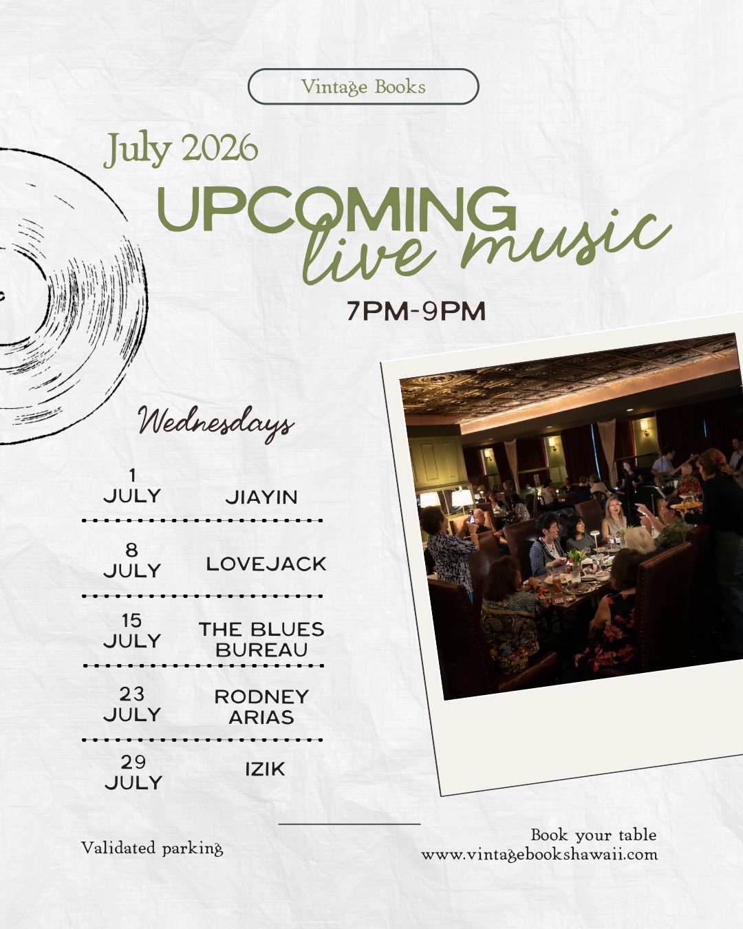 Upcoming Live Music — July 2026, Wednesdays 7–9 PM flyer