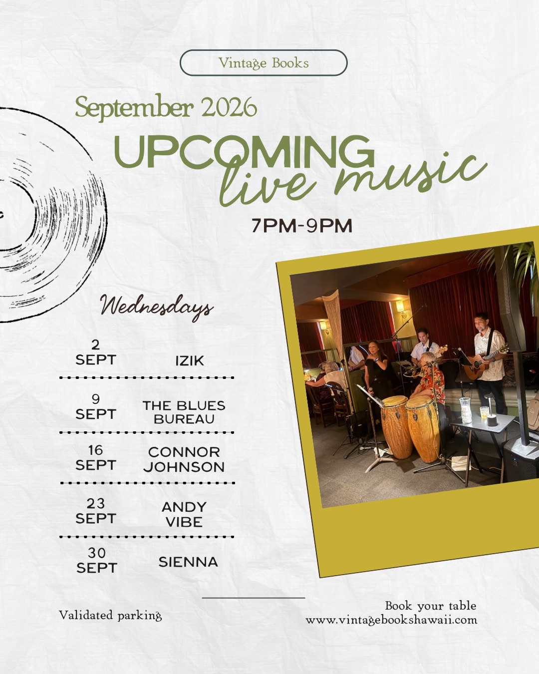 Upcoming Live Music — September 2026, Wednesdays 7–9 PM flyer